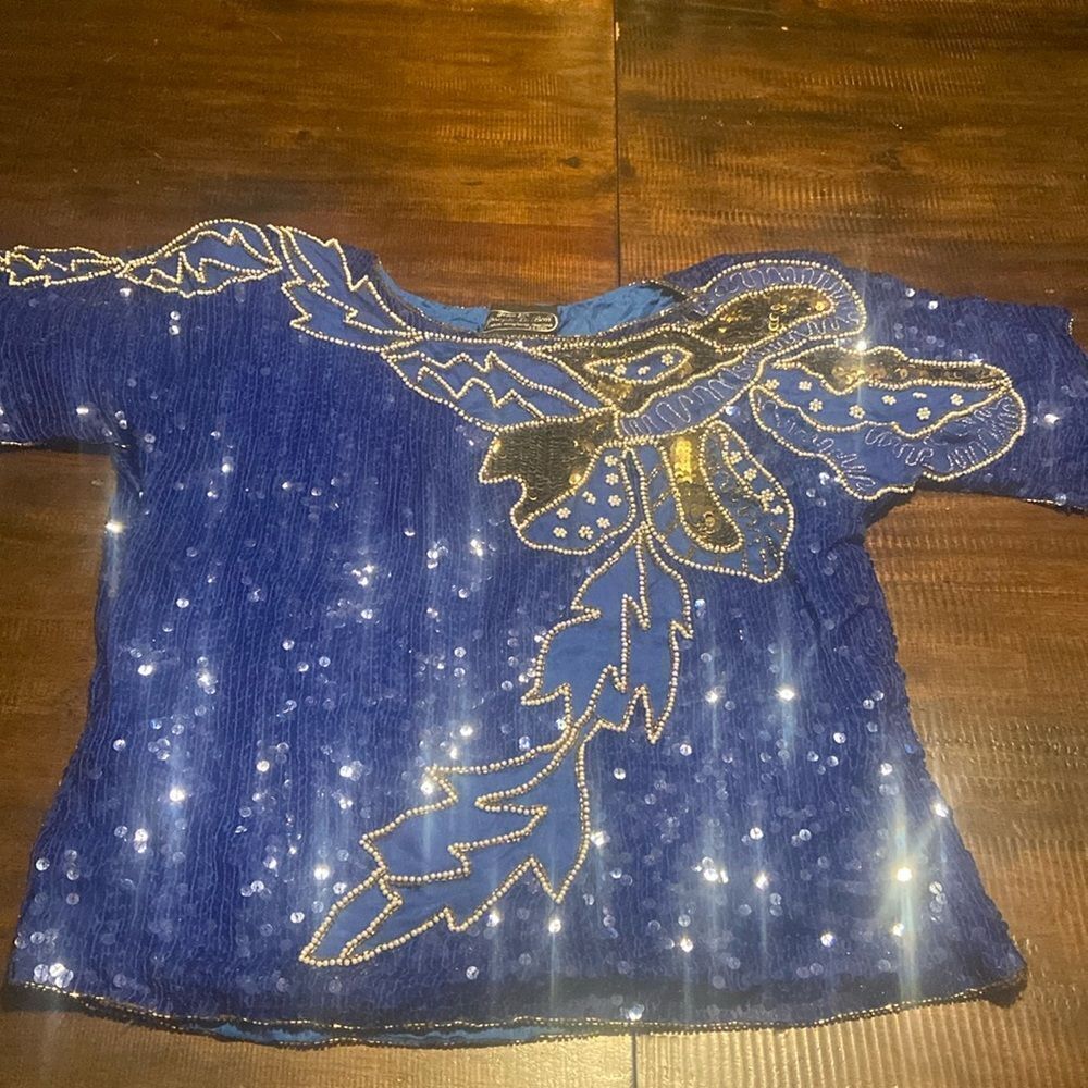 Vintage 80s Jean for Joseph Le Bon Sequin Silk Formal Top Royal Blue & Gold XL